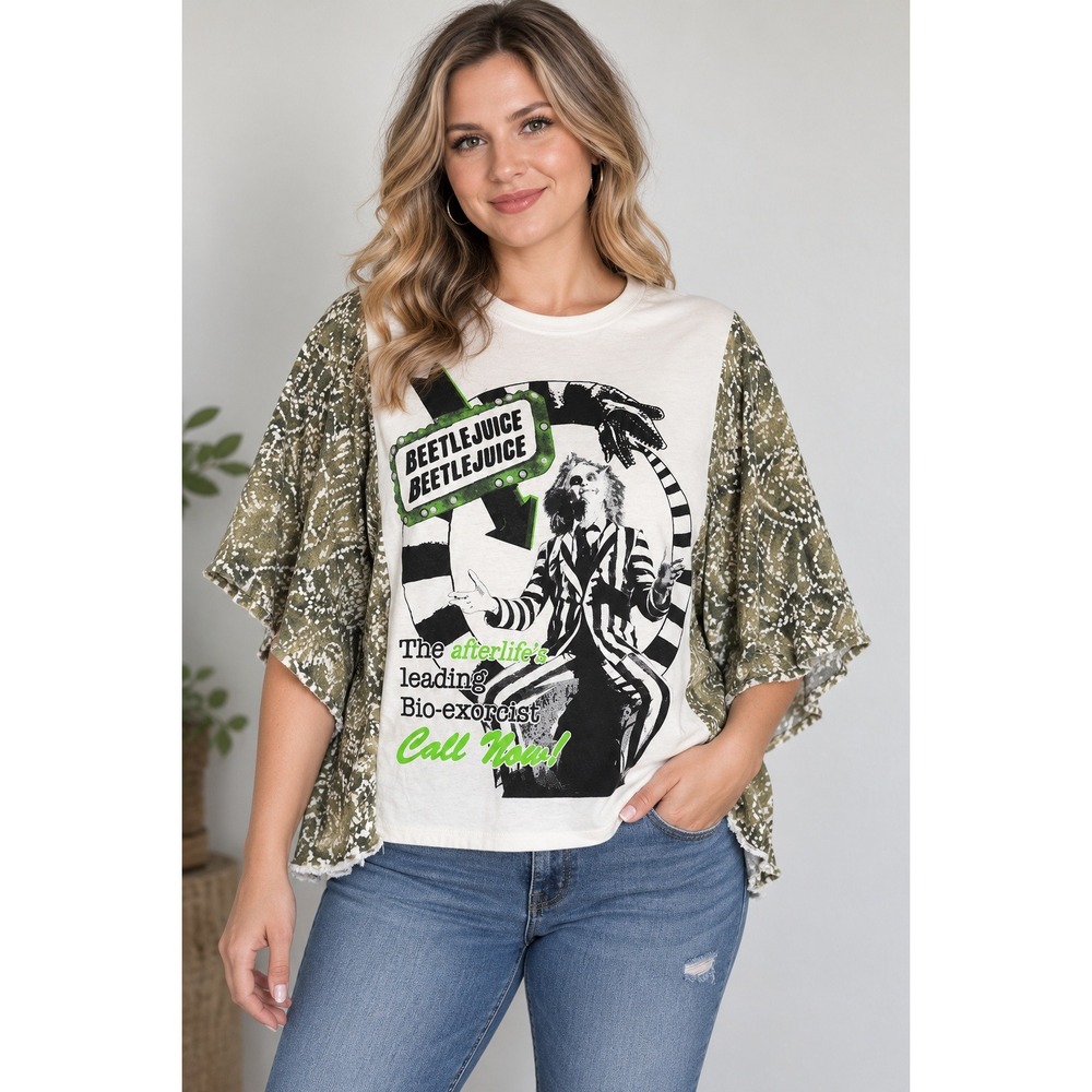 Custom Reworked Beetlejuice Graphic Tee White Green Acid Wash Upcycled Top O/S